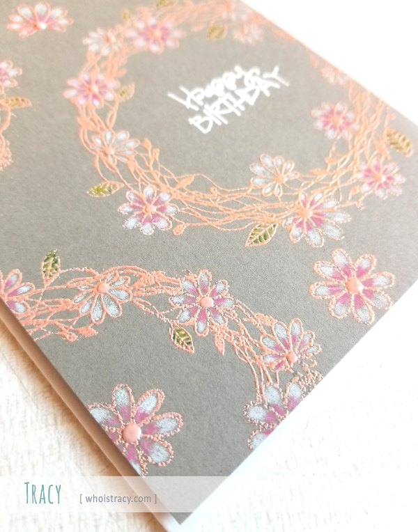 Embossed Wreaths birthday card close-up by Tracy @whoistracy.com