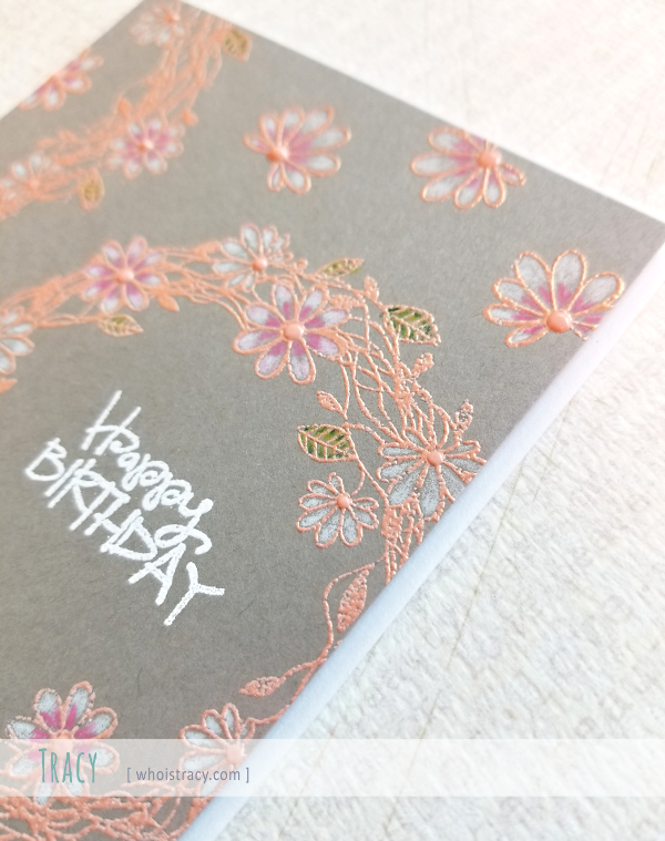 Embossed Wreaths birthday card detail by Tracy @whoistracy.com